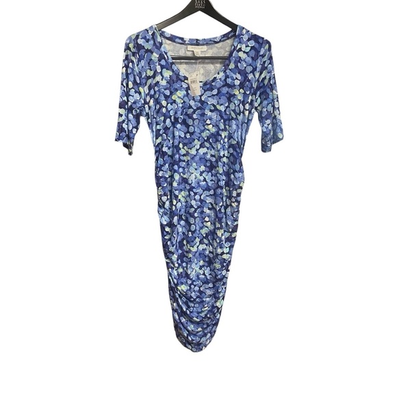 Motherhood Maternity Midi Dress Size M Stretch Blue Floral Side Ruching Shower - Picture 1 of 6